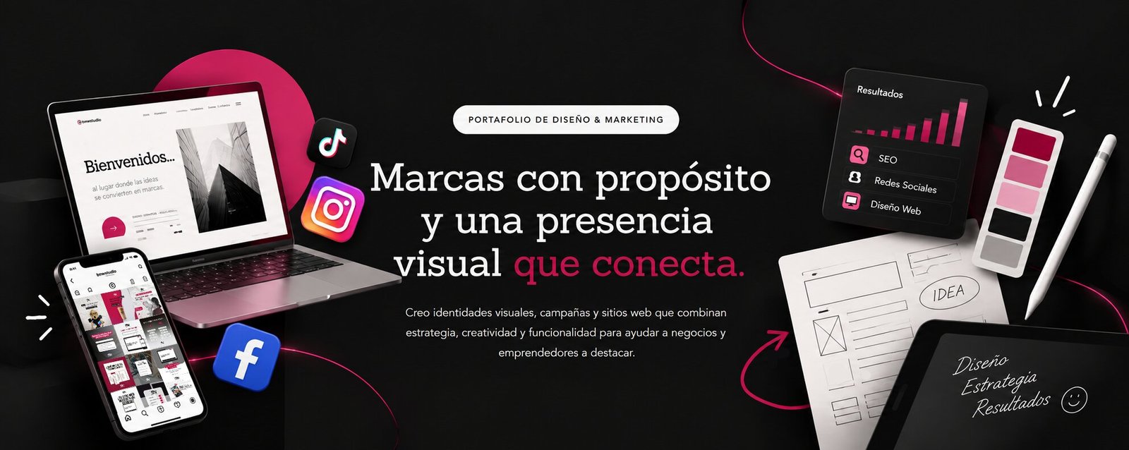 Portafolio de diseño & marketing — Marcas con propósito y una presencia visual que conecta. Creo identidades visuales, campañas y sitios web que combinan estrategia, creatividad y funcionalidad para ayudar a negocios y emprendedores a destacar.