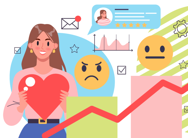 Ilustración que representa el branding emocional y la conexión entre marcas y personas a través de experiencias positivas y crecimiento de marca.