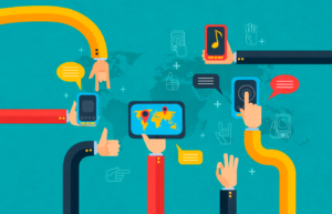 Ilustración de manos sosteniendo dispositivos móviles.